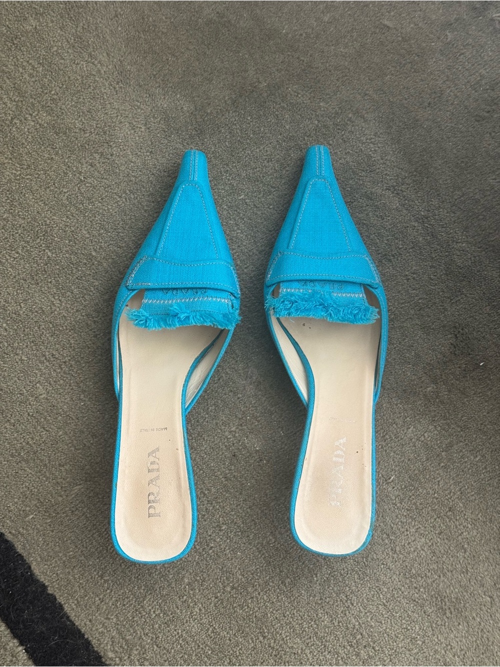 Prada vintage Turquoise Blue Kitten Heel Mules with fringe detail 37